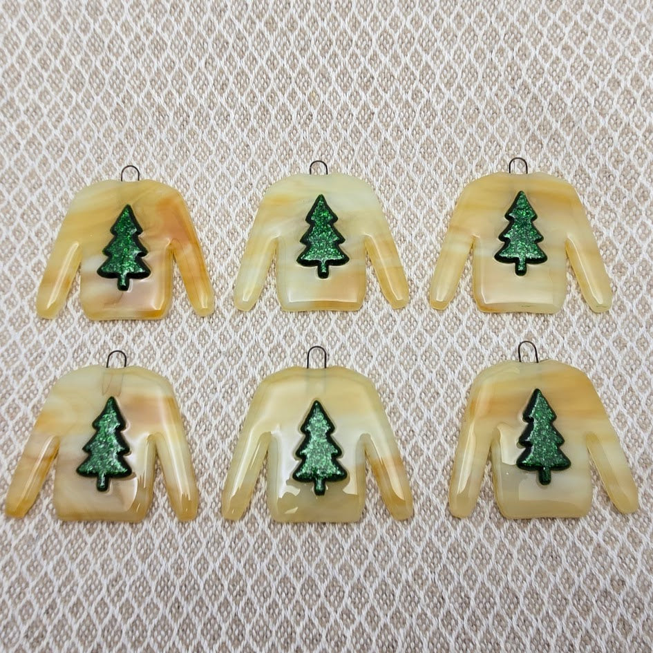 Holiday Sweater Handmade Fused Glass Ornament Amber and White- 