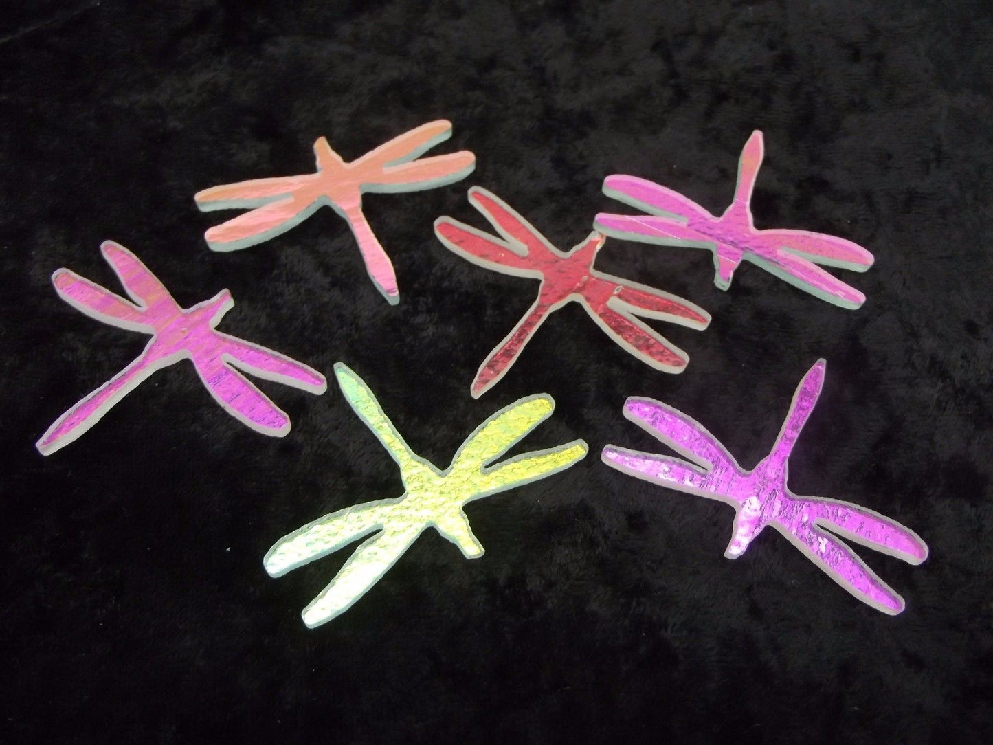 Six 90 COE Dichroic Lg Dragonfly Precut Glass Shape Various Shifts on Thin Clear- 