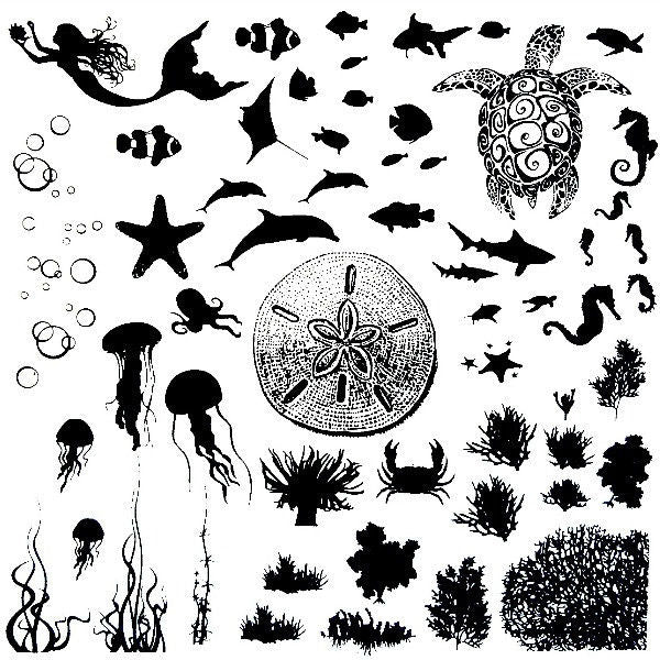 Sea Life Low Fire Fusing Decal Sheet 4x4" Black or White Enamel Decals Assorted-Color White
