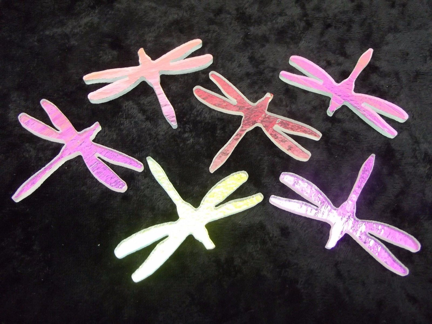 Six 90 COE Dichroic Lg Dragonfly Precut Glass Shape Various Shifts on Thin Clear- 