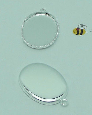 6 PCS BEZEL CUP Silver Plated Brass Solid Back 26x19x2mm OVAL for Glass Pendants- 