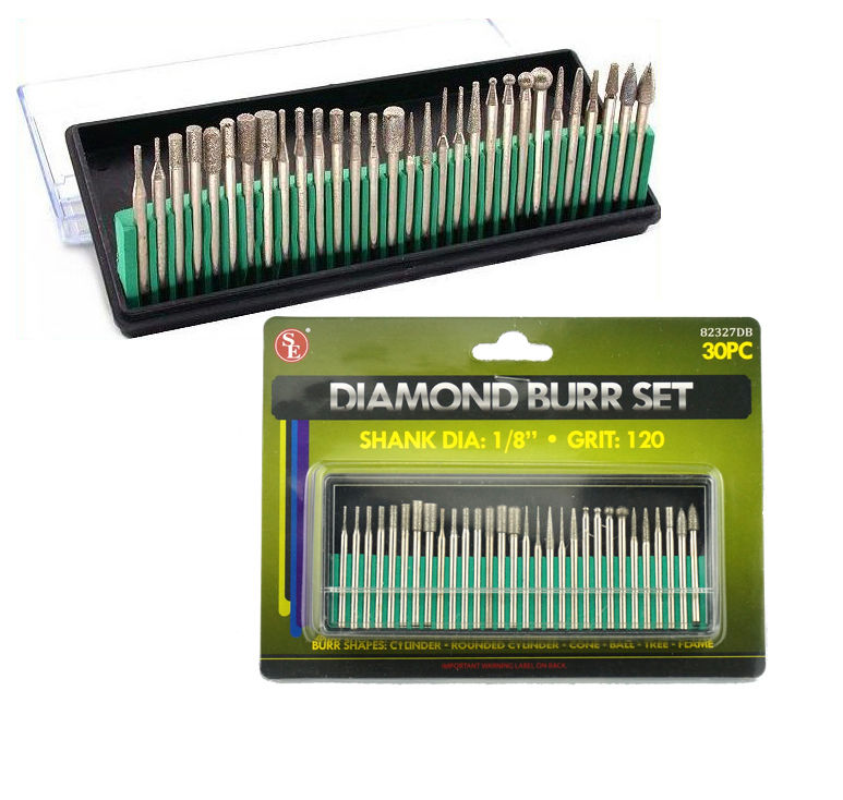 STEEL BURRS w diamond coating 30-piece Set for Rotary Tools Med Grit 1/8" Shank- 